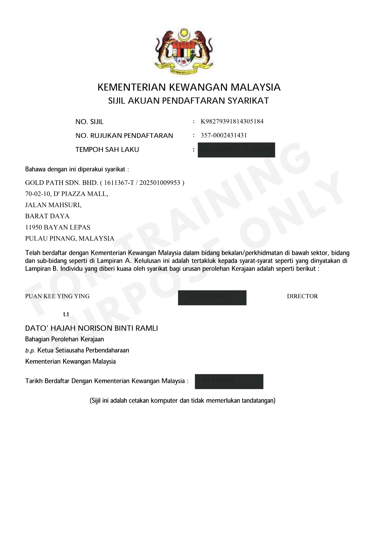 ePerolehan Certificate